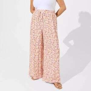 Torrid Pull On Wide Leg Pants Size 2X 18/20 Pink Yellow Floral Drawstring Casual
